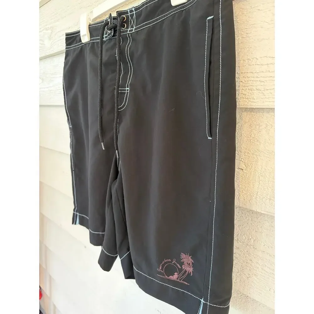 Jamaica Jaxx Black Board Shorts | Size L | Beach Swim Trunks Blue Stitch